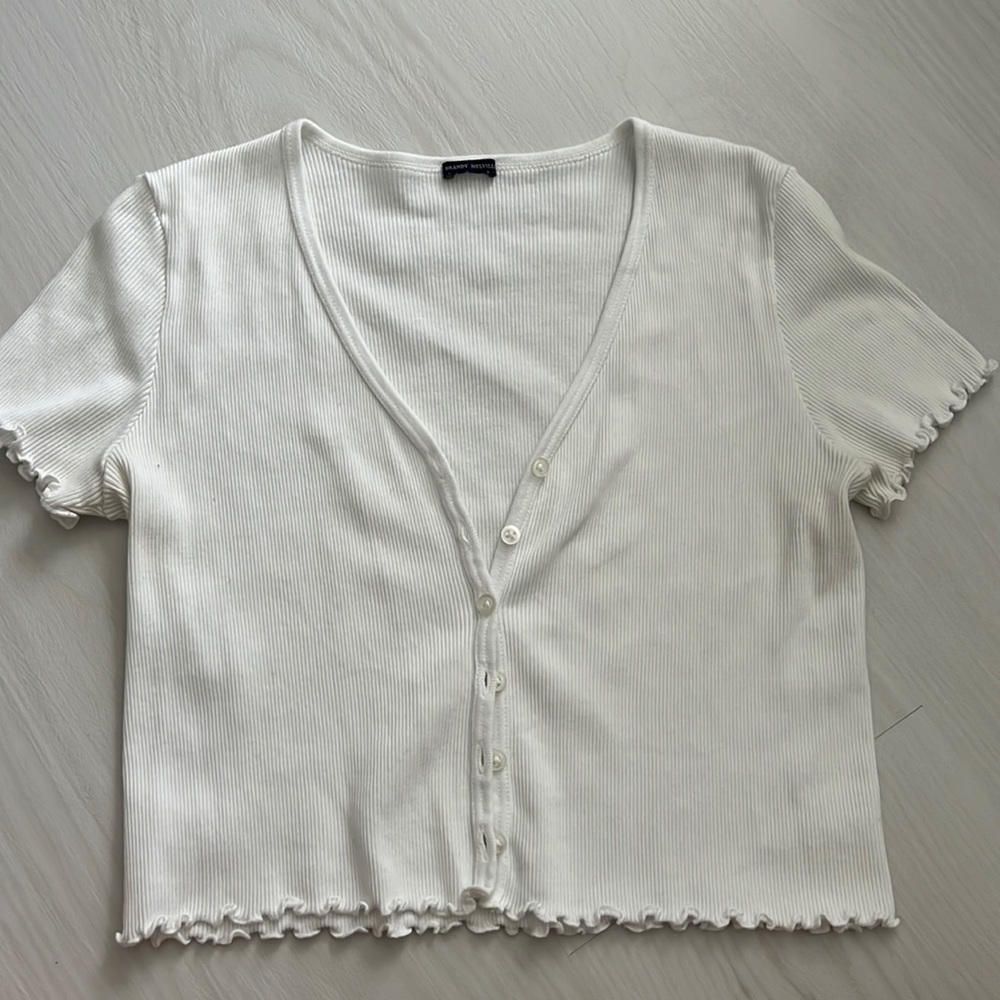 Brandy Melville White Button Up Frill Trim Shirt
